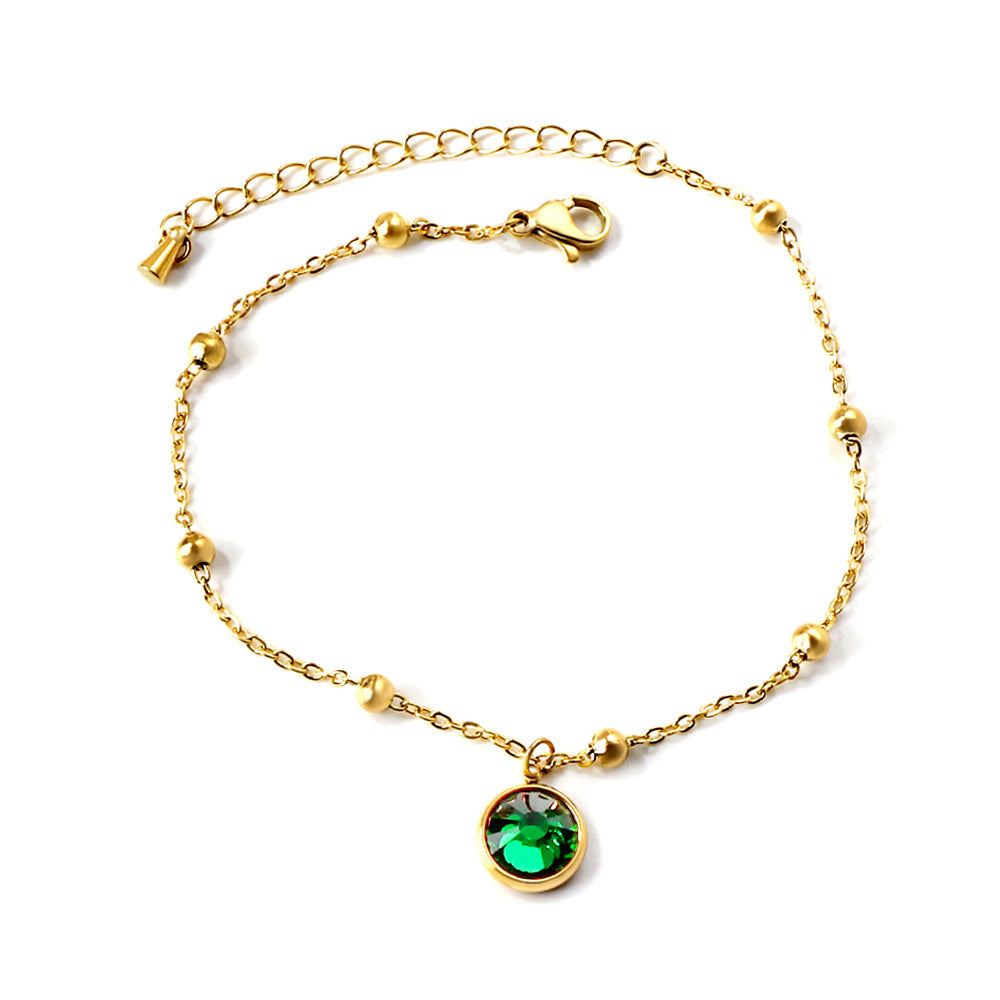Gold round accessories with green diamonds + bead chain anklet 21+5cm asonjewelry